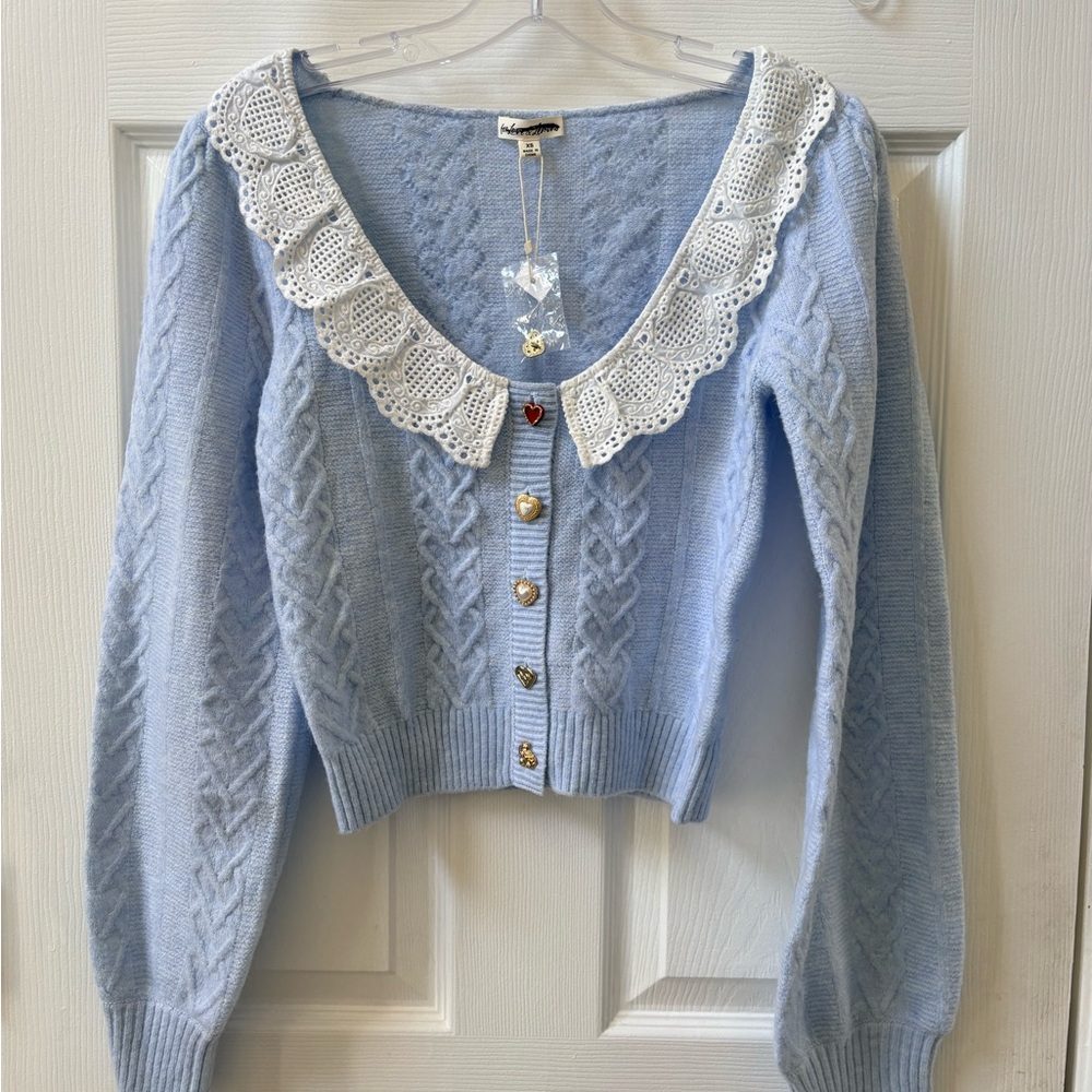 For Love And Lemons Light Blue Cardigan with White Lace